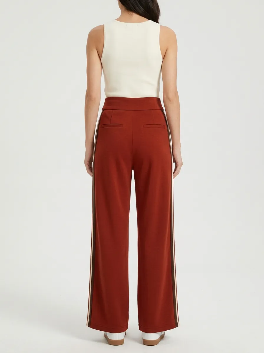 Women's High-Rise Double-Pleat Contrast-Stripe Wide-Leg Trousers