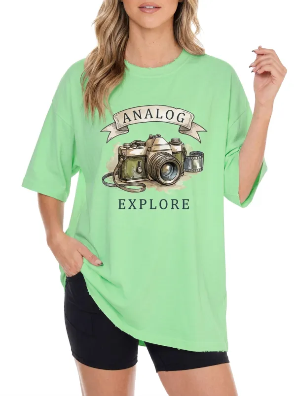 Women's Photography-Inspired Analog Camera Explore Printed T-Shirt