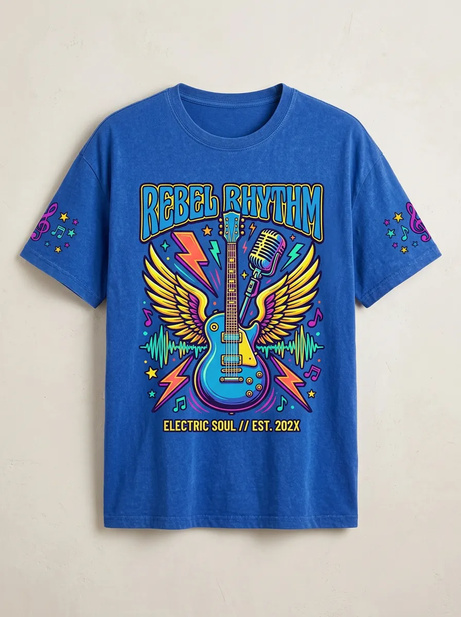 Unisex Rock Music Lover Winged Guitar Microphone Printed T-shirt