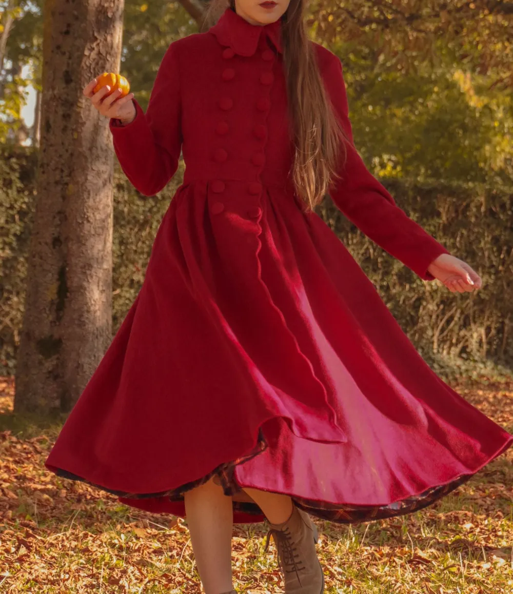 Wool Tailored Double Breasted Lapel Collar Pleated Long Coat