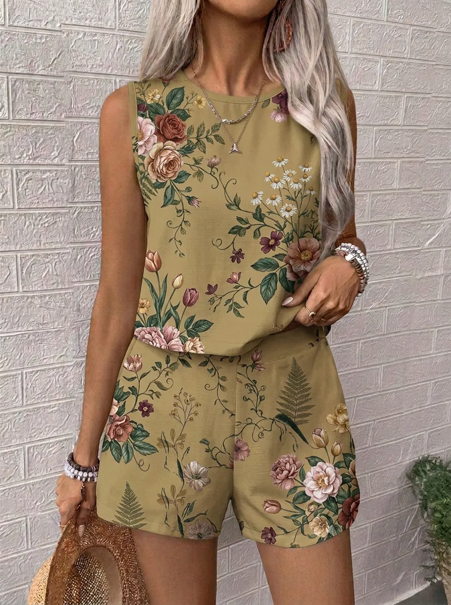 Women's Floral Garden Vintage Rose Printed Sleeveless Short Set