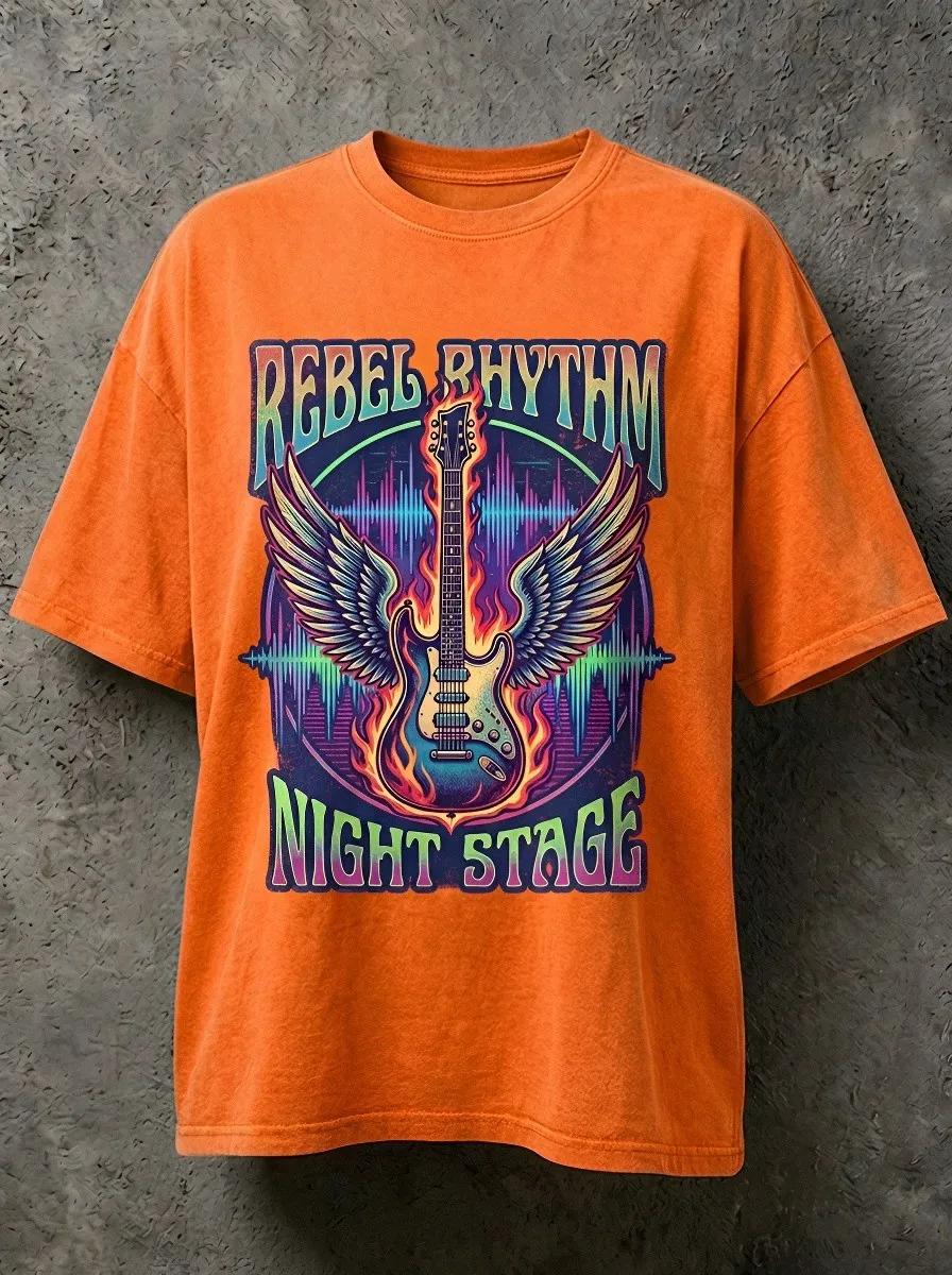Unisex Rock Music Lover Flaming Guitar Wings Printed T-shirt