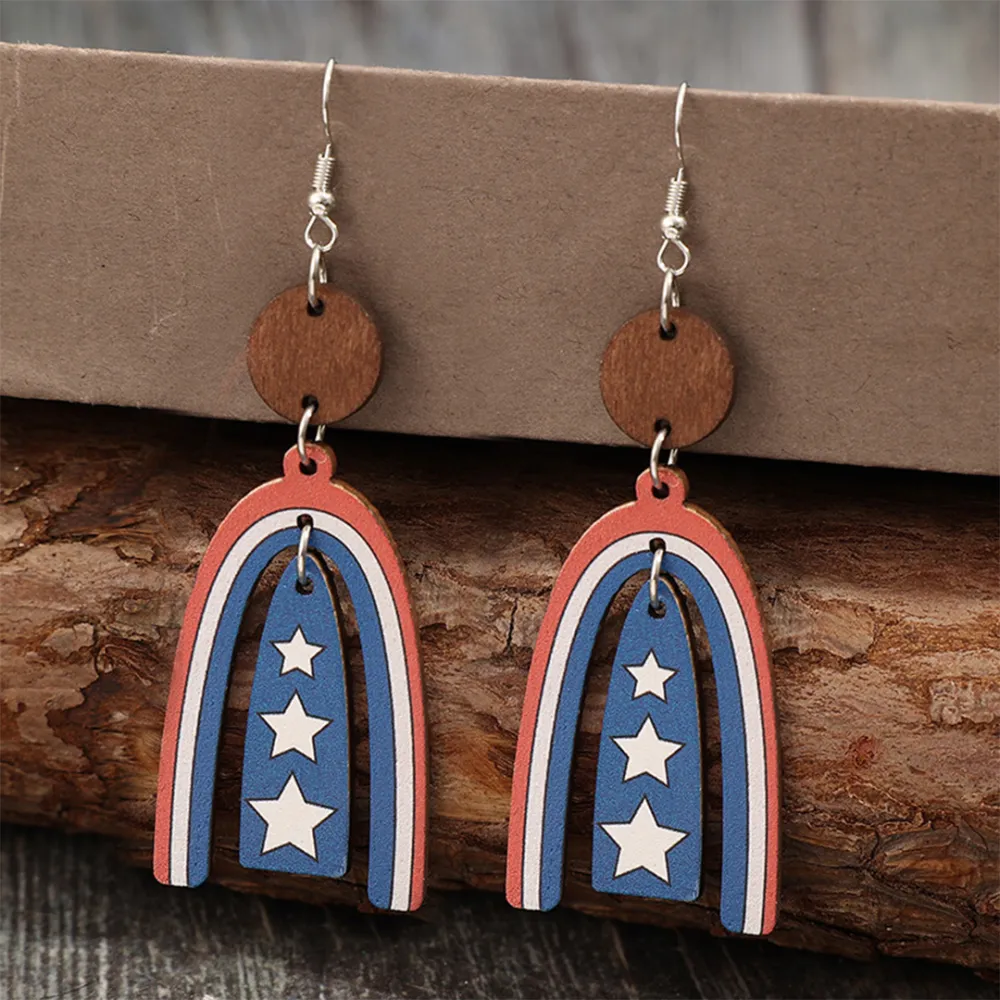Curved Red Blue Wooden Earrings