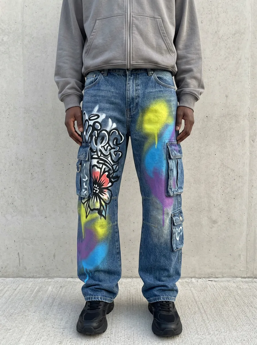Men's Graffiti Floral Spray Paint Graphic Cargo Jeans