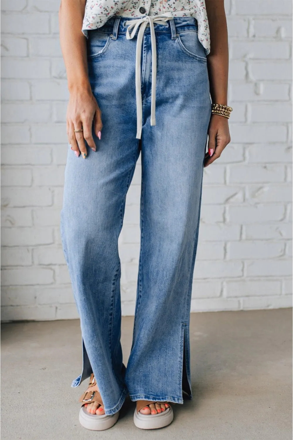 High Waist Drawstring Side Slit Casual Jeans