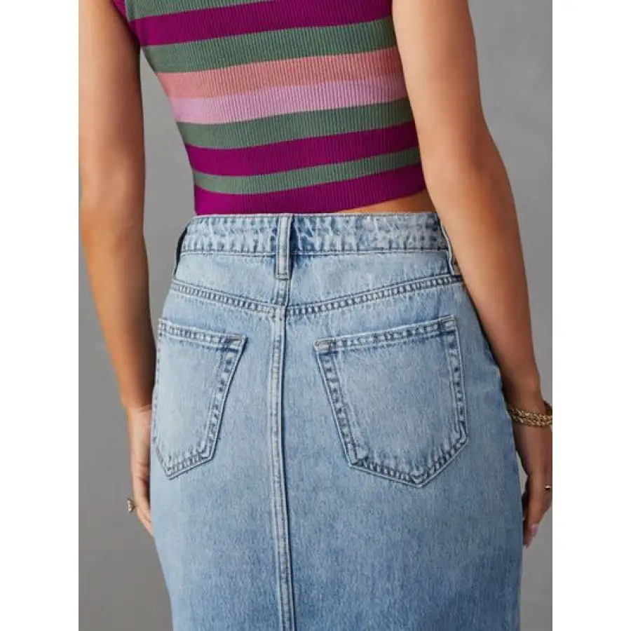 Raw Hem Front Slit Denim Midi Skirt