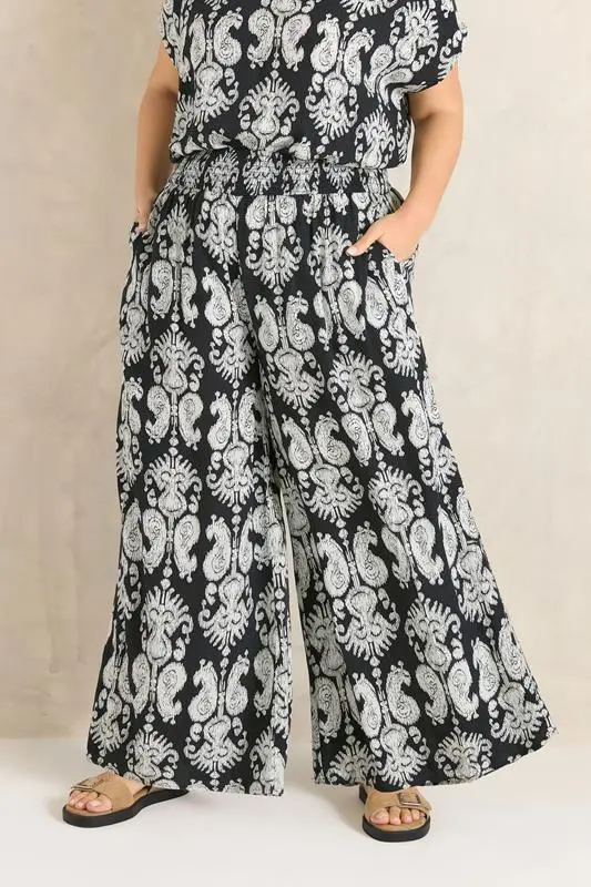 Black Abstract Print Shirred Waist Trousers