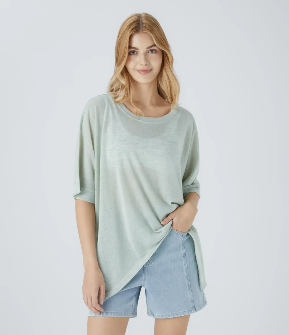 Asymmetric Split Hem Sheer Oversize Casual Top