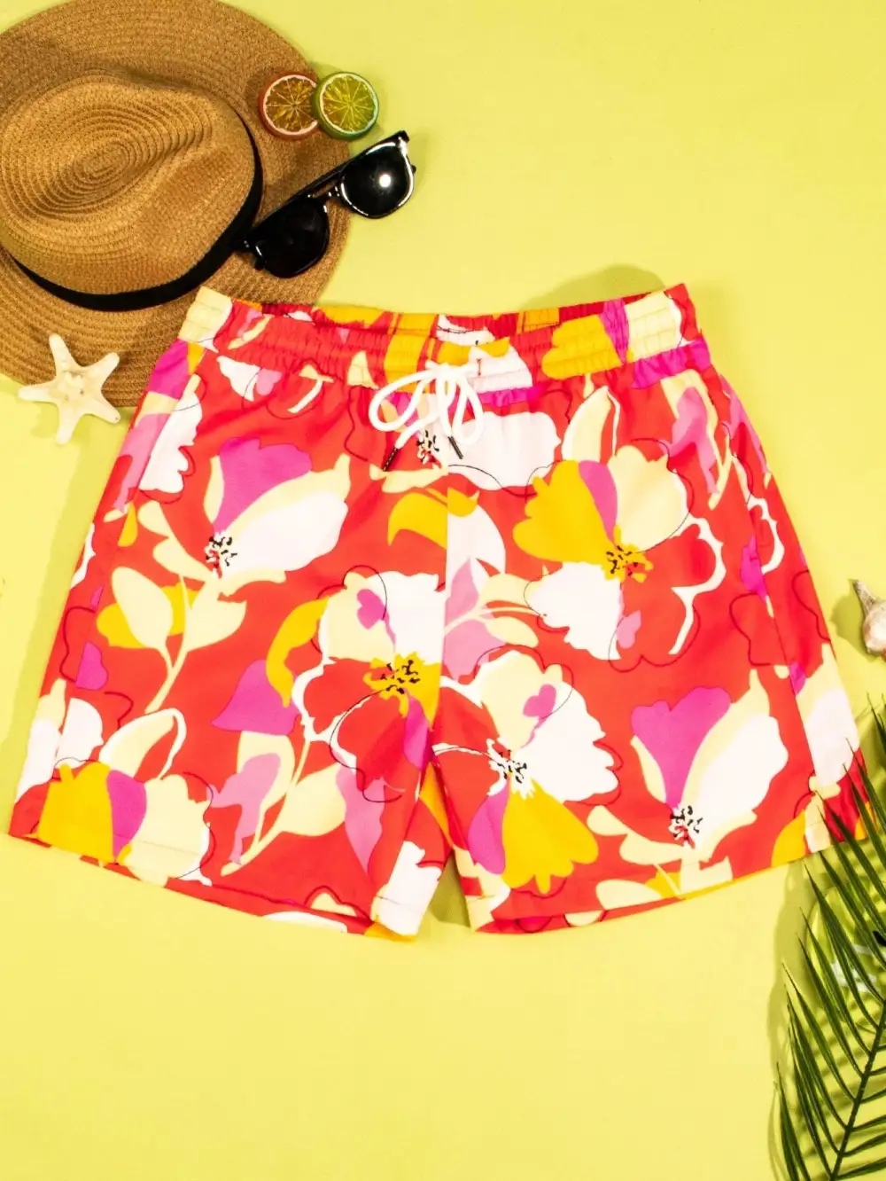 Men's Drawstring Floral Allover Print Pocket Beach Shorts