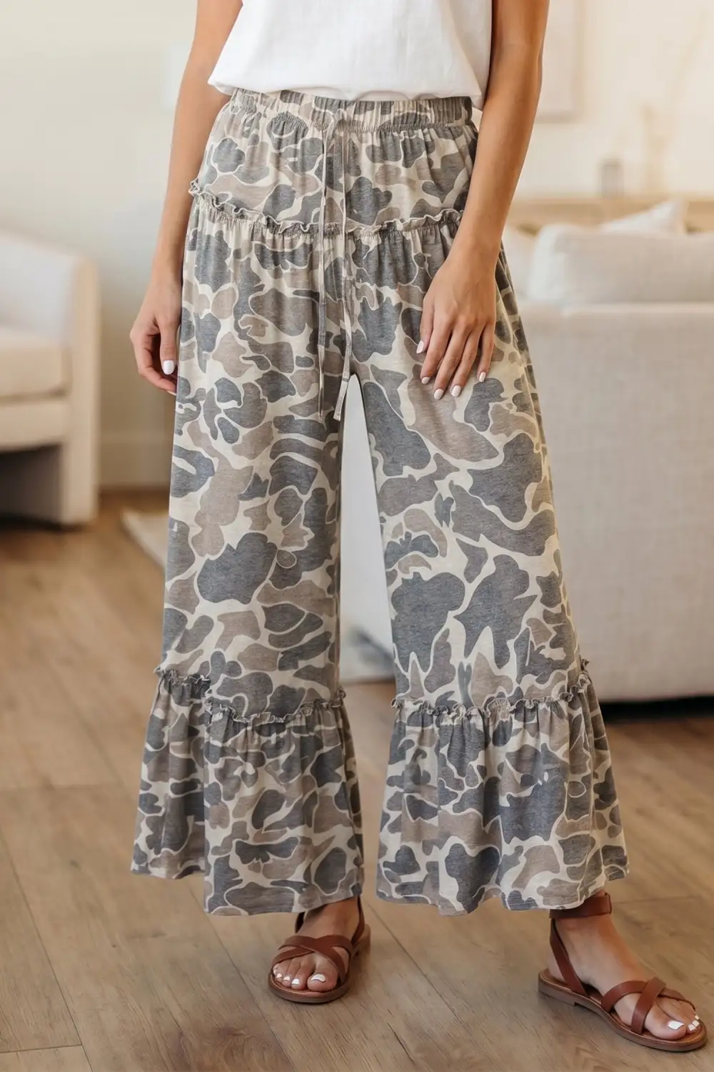 Camo Print Wide Leg Casual Trousers
