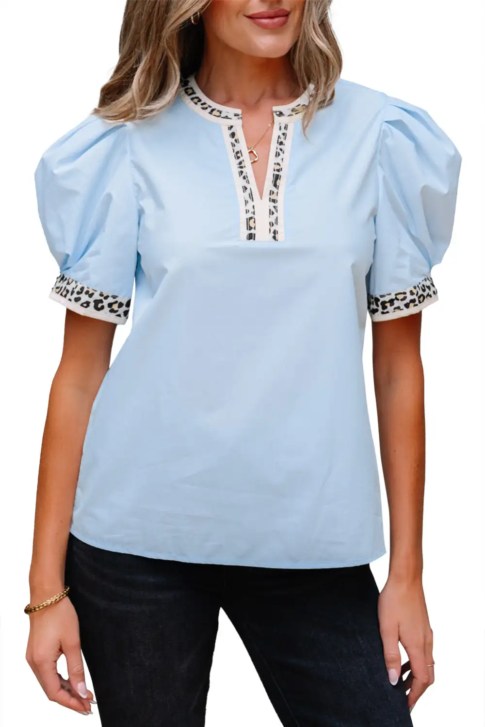 Leopard Print Puff Sleeve Split Neck Blouse