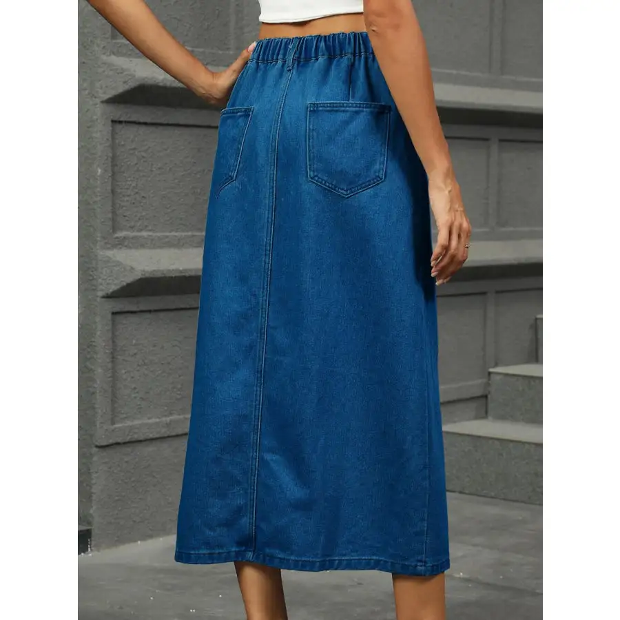 Slit Button Detail Denim Midi Skirt