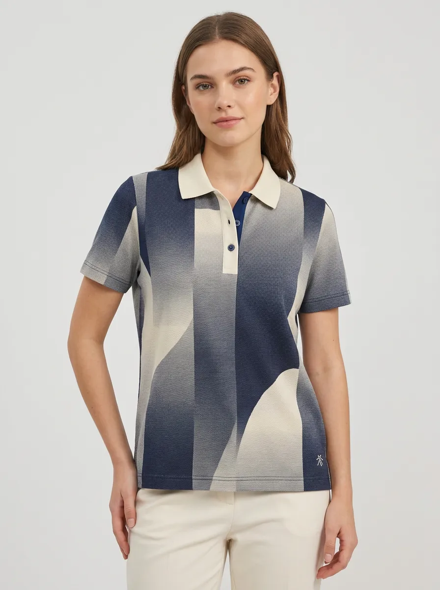Women's Geometric Abstract Blue Cream Printed Polo Shirt