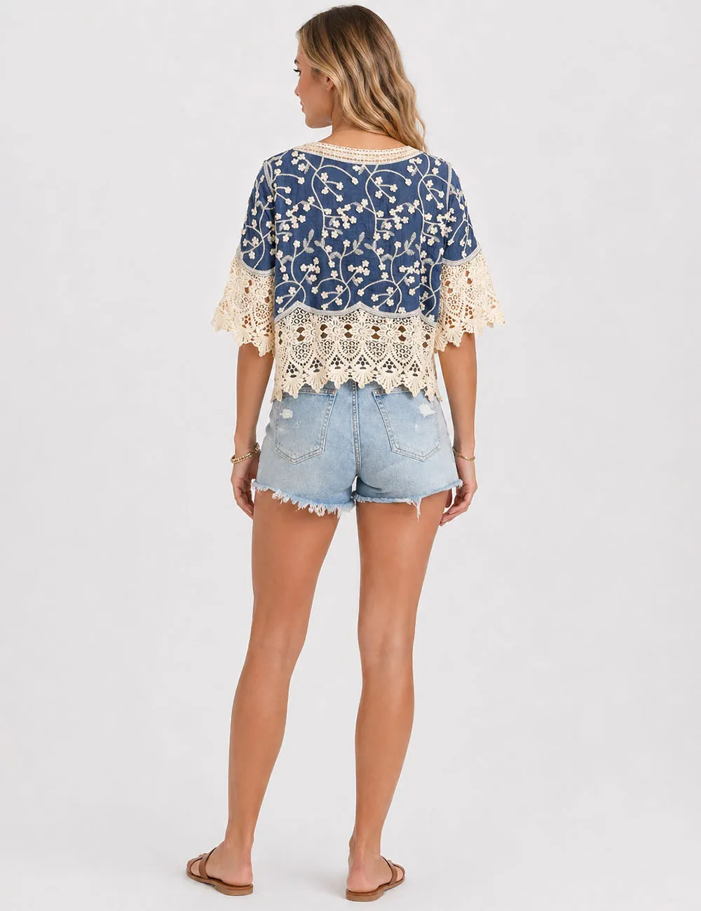 Boho Embroidery Lace Neck Tassel Blouse