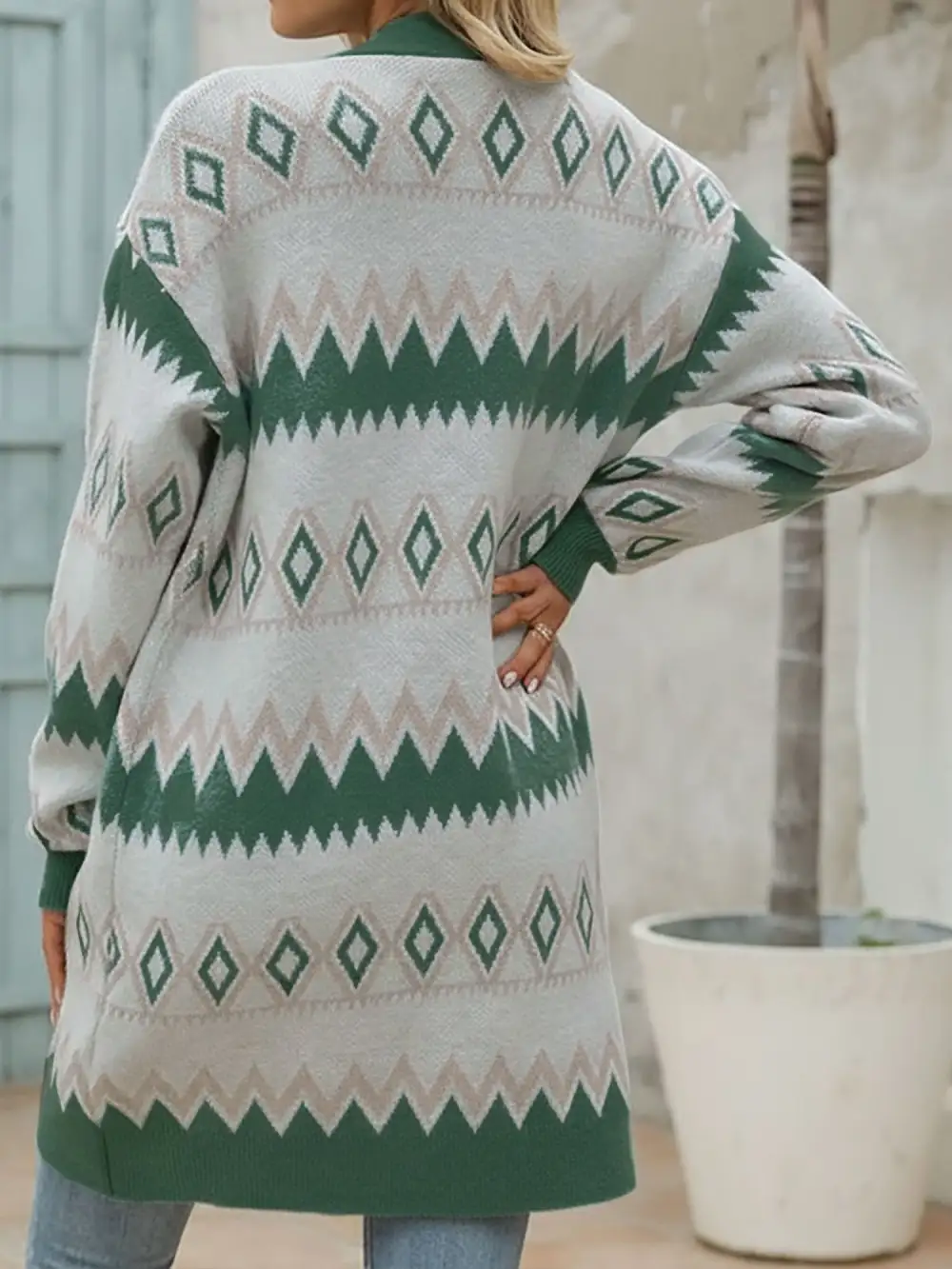 Boho Graphic-Knit Long-Sleeve Cardigan