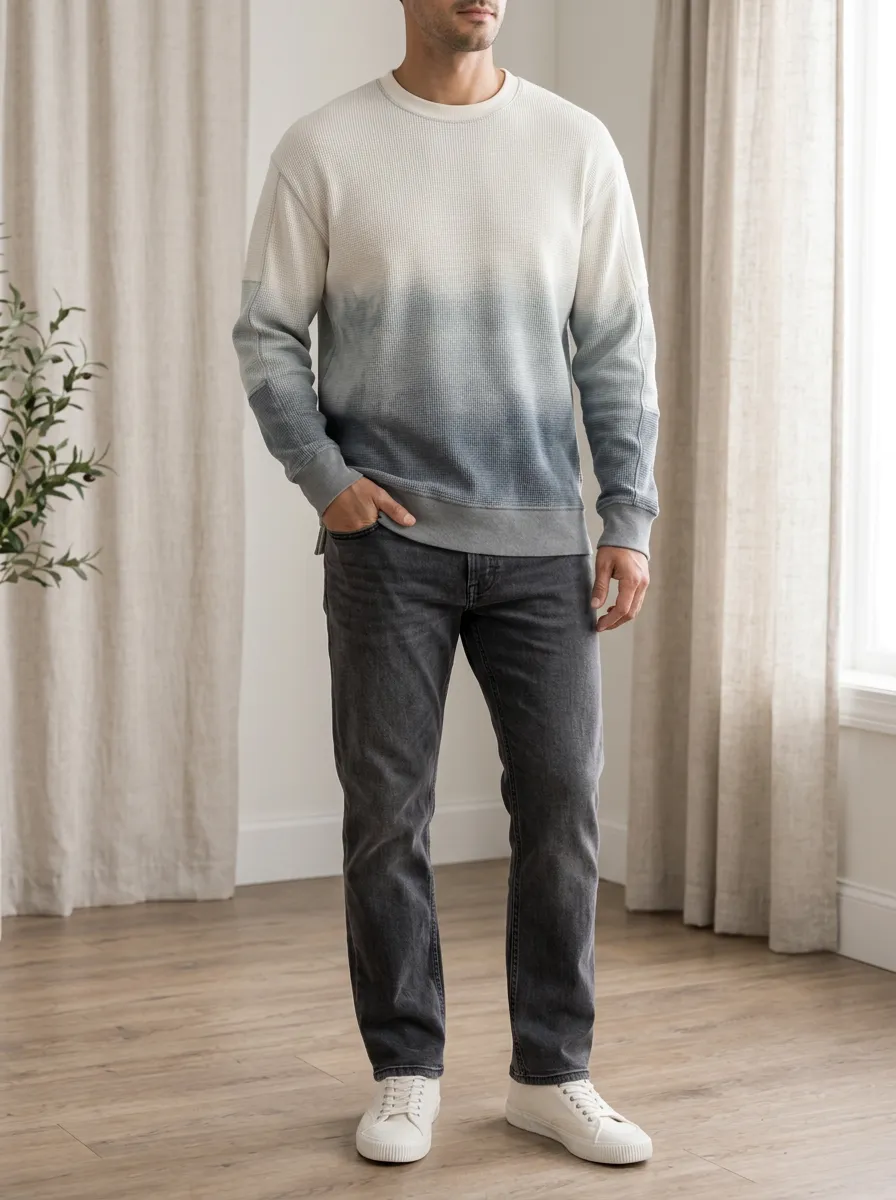 Men's Ombre Dip-Dye Waffle Knit Crewneck Sweatshirt