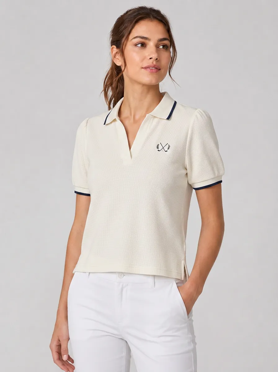 Women's Equestrian Lover Crossed Riding Crop Printed Waffle Knit with Contrast Trim Polo Shirt