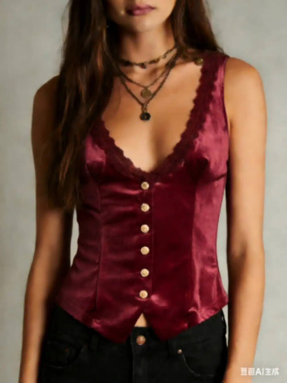 Velvet Lace Trim Button-Down Vest