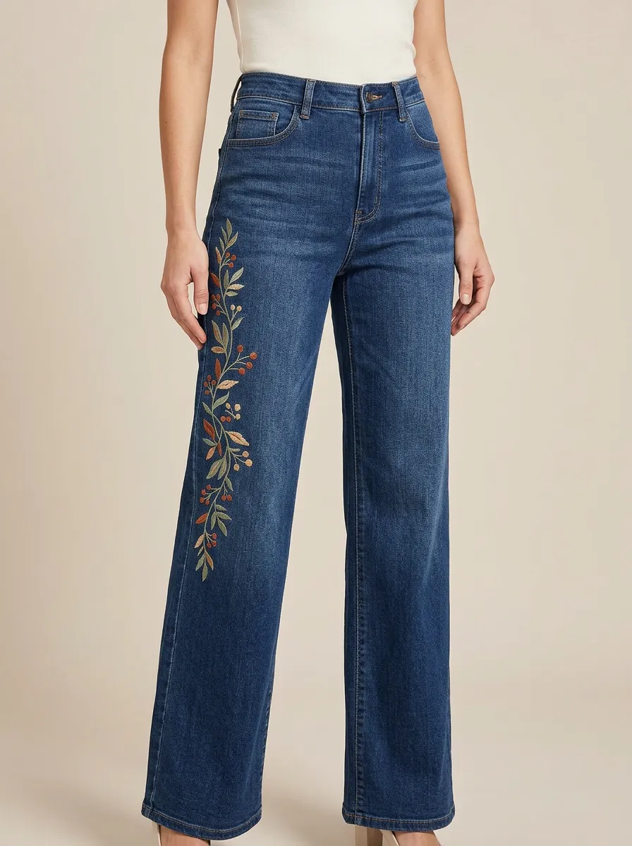 Women's Floral Leaf Right-Leg Embroidered Stretch Jeans
