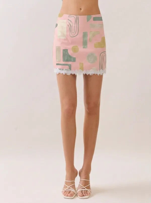 Women's Abstract Geometric Art Lace Trim Printed Mini Skirt