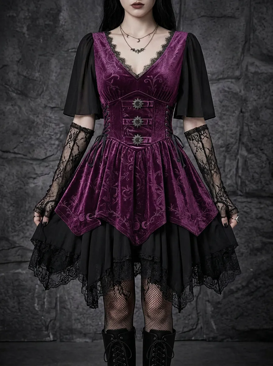 Women's Gothic Moon Sun Pattern Velvet Lace Printed Mini Dress
