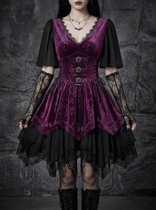 Women's Gothic Moon Sun Pattern Velvet Lace Printed Mini Dress
