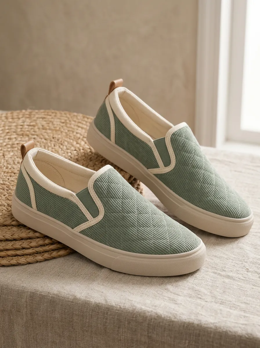 Women's Sage Green Quilted Corduroy Slip-on Sneakers