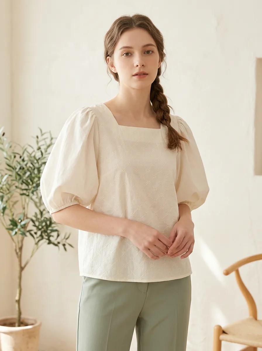 Embroidered Square-Neck Women's Puff-Sleeve Blouse