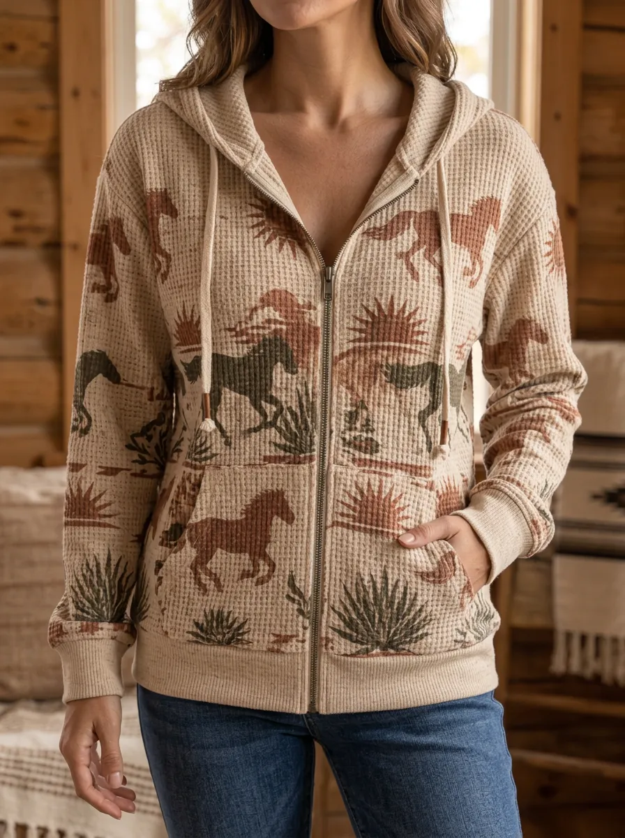 Women's Western Horse Desert Sun Signature Pattern Waffle Zip-Up Hoodie