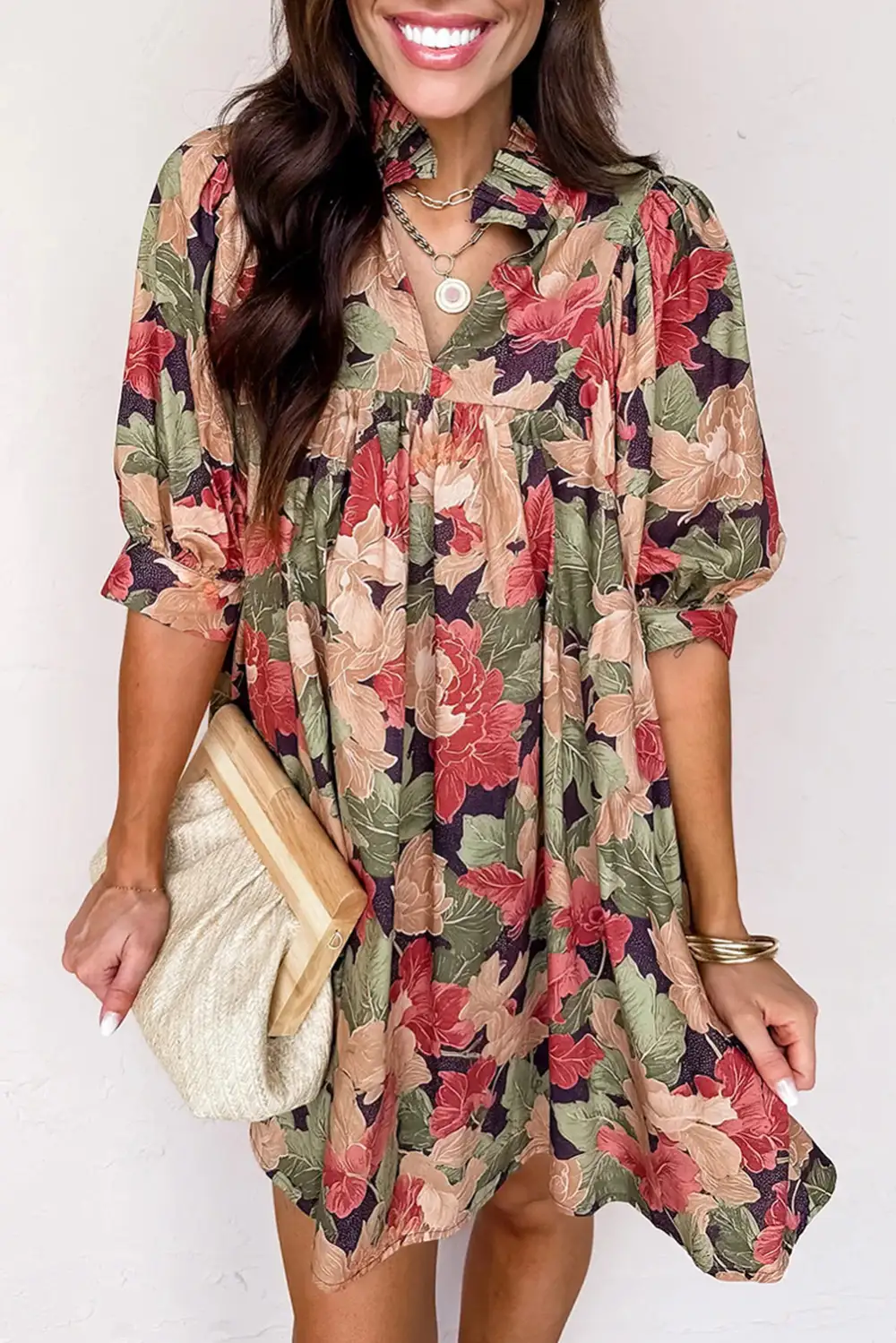 Drape Floral Printed V Neck Mini Dress