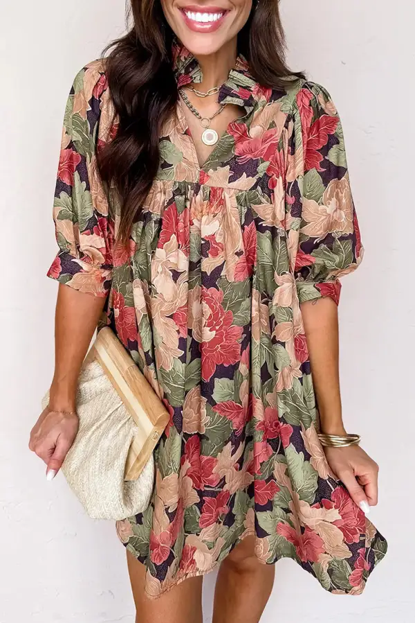 Drape Floral Printed V Neck Mini Dress