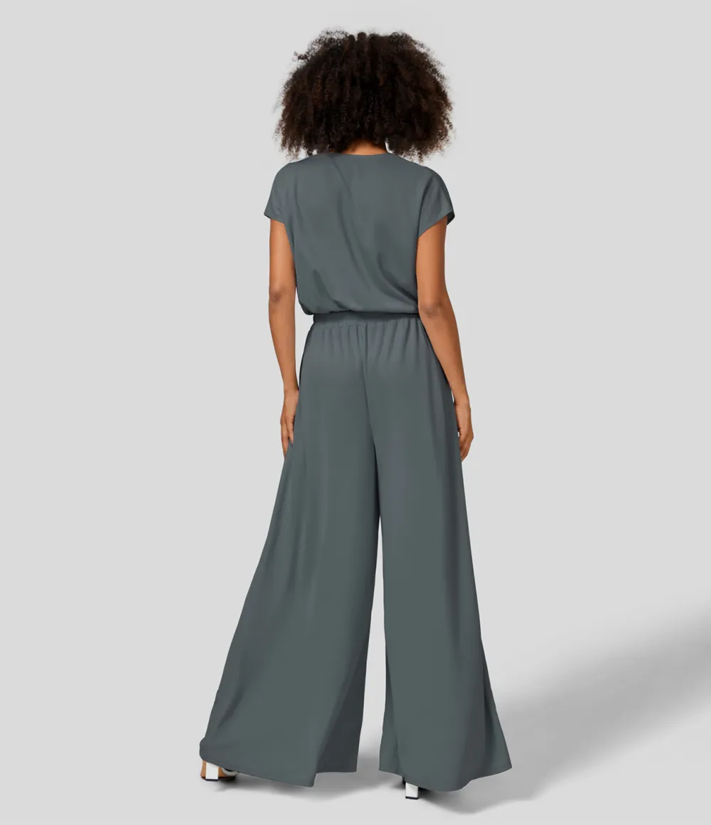 V Neck Short Sleeve Plicated Side Pocket Wide Leg Flowy Waffle Casual Jumpsuit