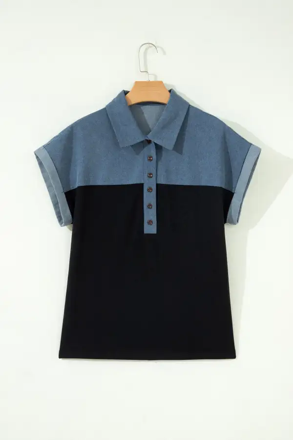 Women's Colorblock Patchwork Polo Collar Top