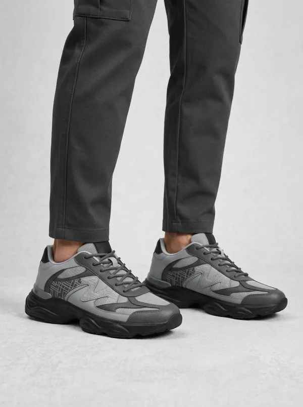 Men's Grey and Black Paneled Chunky Sneakers