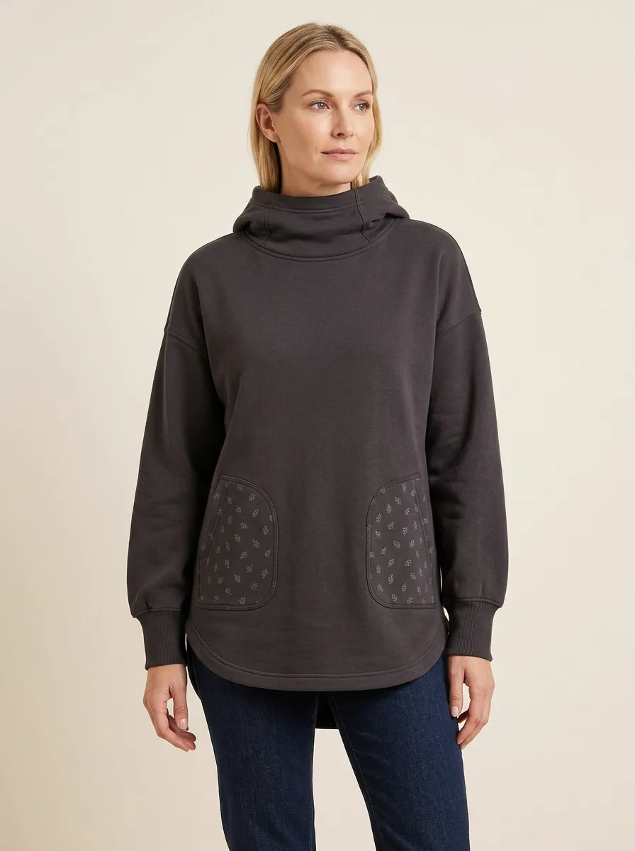 Women's Floral-Pattern Patch-Pocket Funnel-Neck High-Low Hoodie