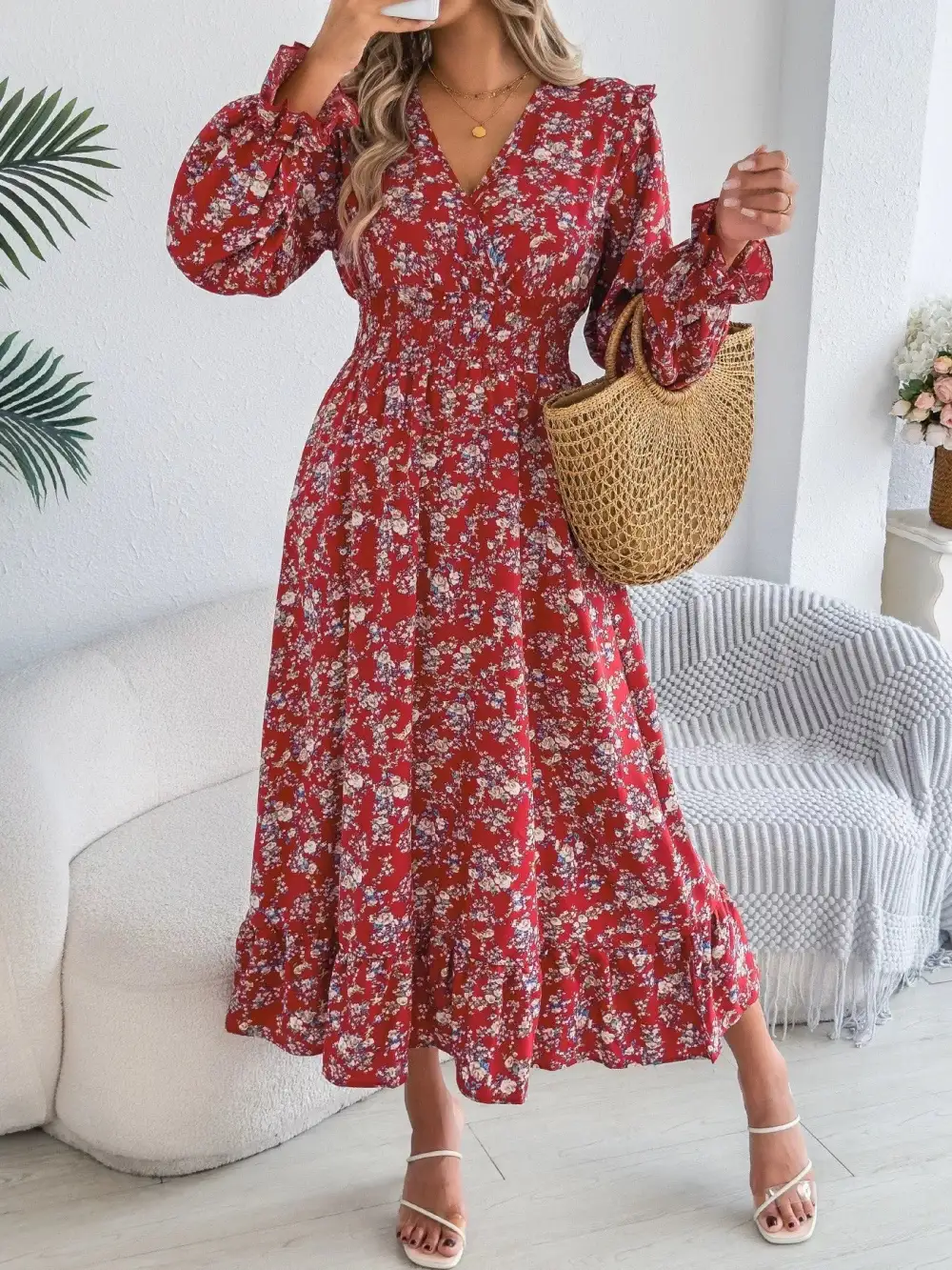 Clean Line Floral V Neck Ruffle Dress
