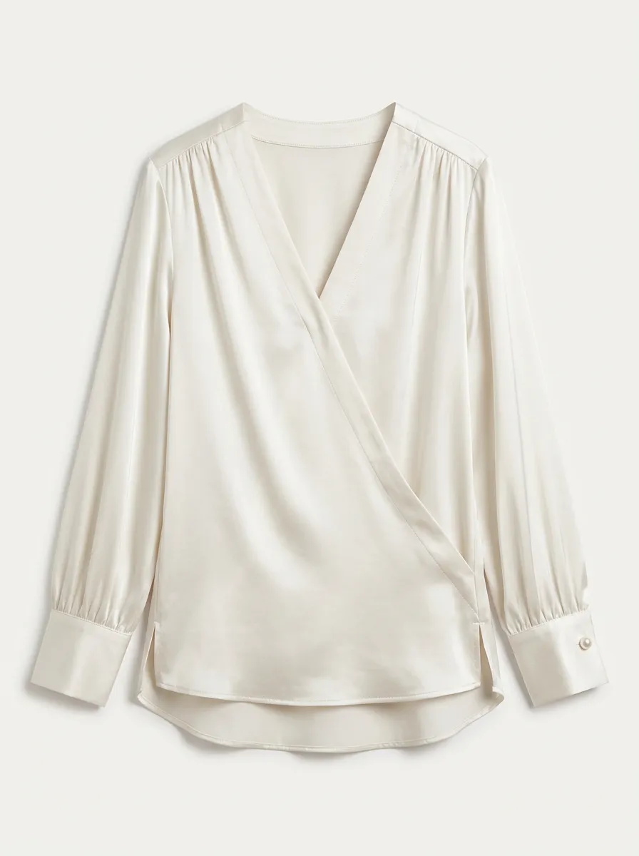 Women's Elegant Satin V-Neck Pleated Long Sleeve Wrap Top