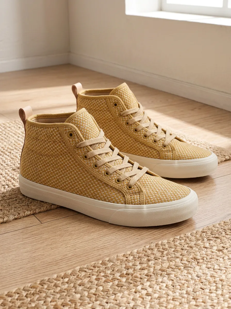 Women's Mustard Yellow Textured Pattern Printed High Top Sneakers