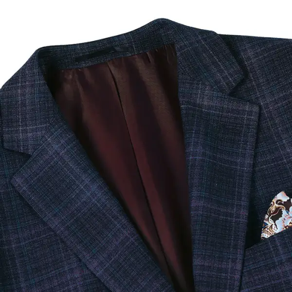 Navy Regular Fit Classic Wool Check Single Breasted Blazer