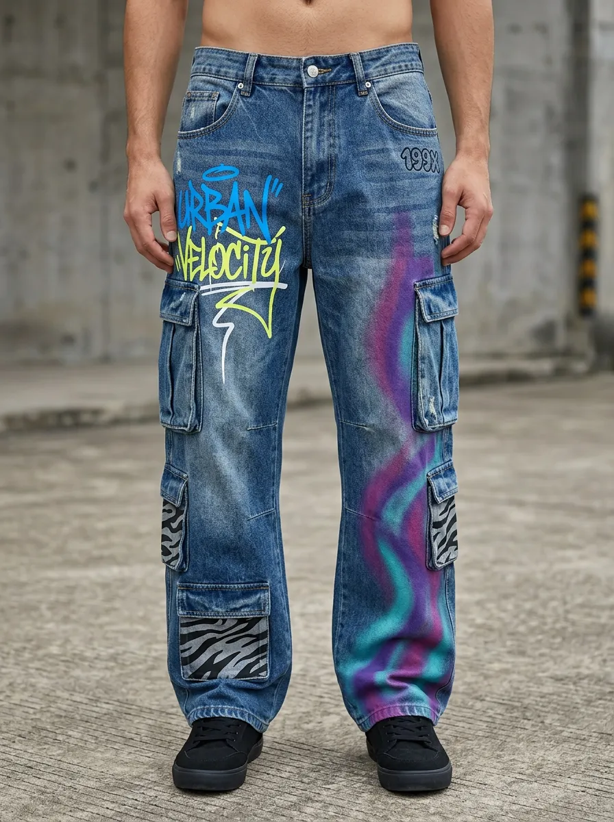 Men's Streetwear Graffiti Zebra Print Airbrushed Graphic Cargo Jeans