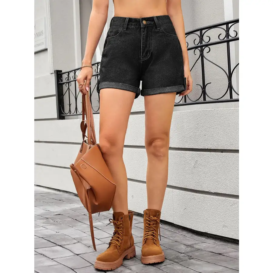 High Waist Rolled Hem Gradient Denim Shorts