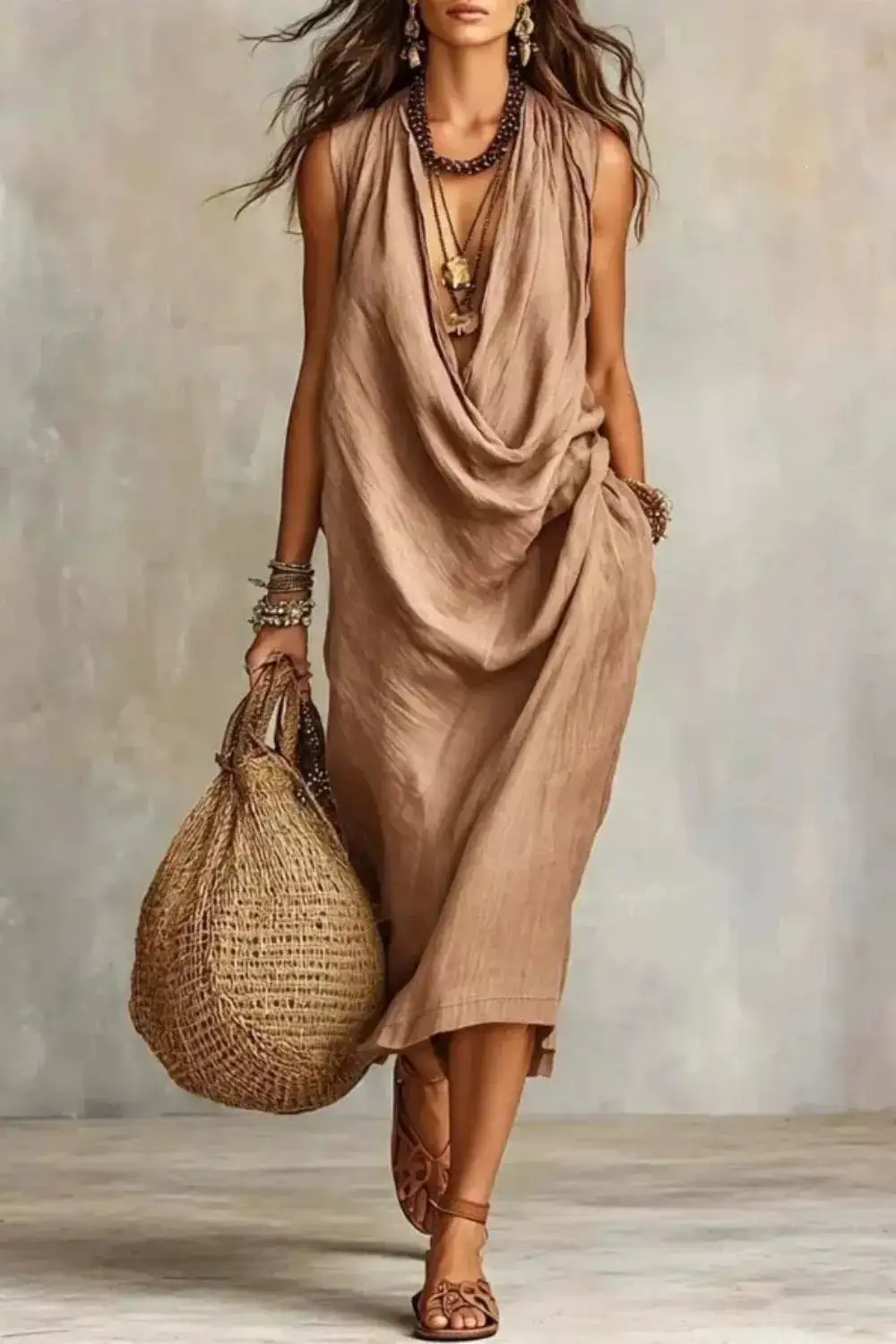 Sleeveless Drape Neck Midi Dress