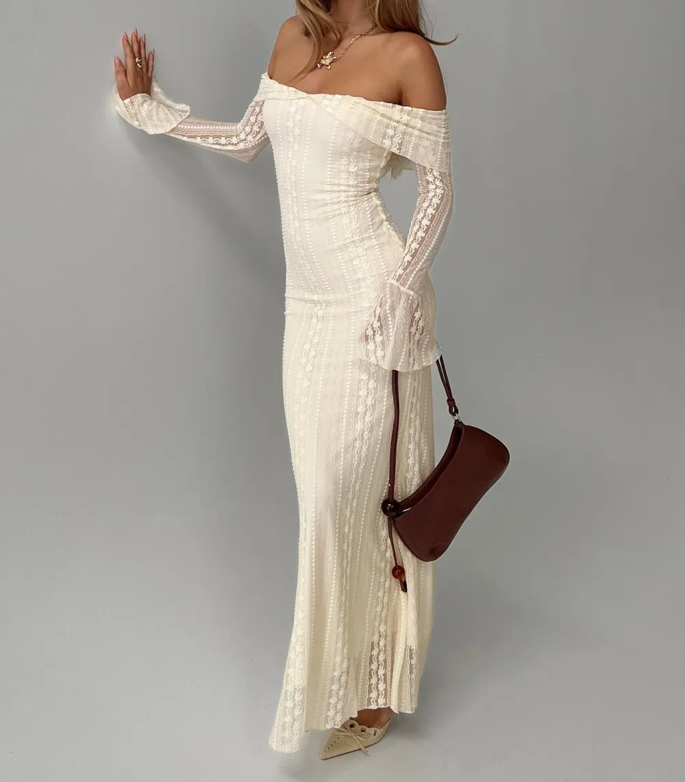 Cream Lace Long Sleeve Maxi Dress