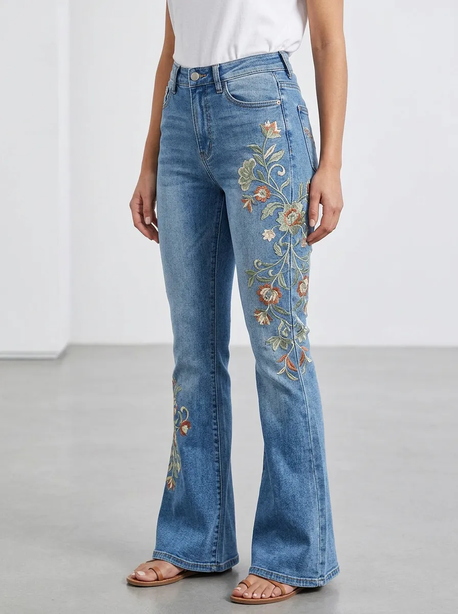 Women's Blue Floral Embroidery High-Rise Flare Jeans