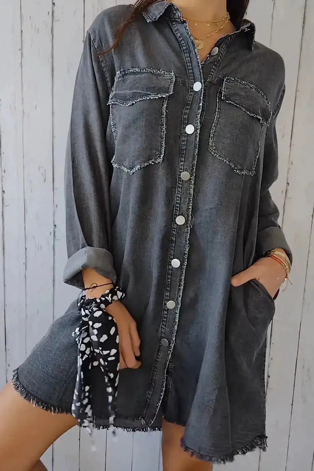 Relaxed Denim Button Front Pocketed Casual Jacket