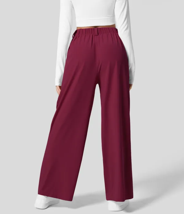  High Waisted Plicated Side Pocket Wide Leg Waffle Work Pants