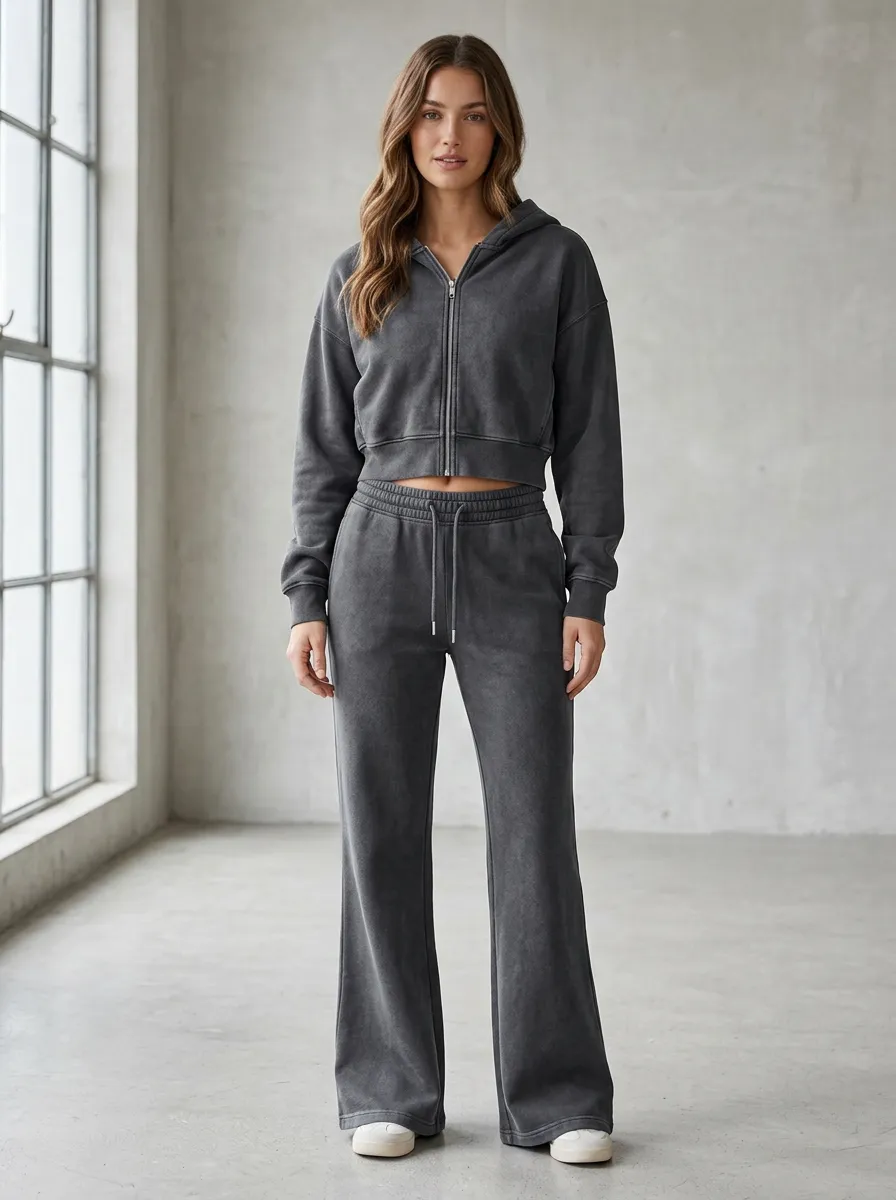 Women's Vintage Inspired Washed Vintage Inspired Cropped Hooded Jacket and Flare Pants Active Set