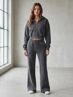 Women's Vintage Inspired Washed Vintage Inspired Cropped Hooded Jacket and Flare Pants Active Set