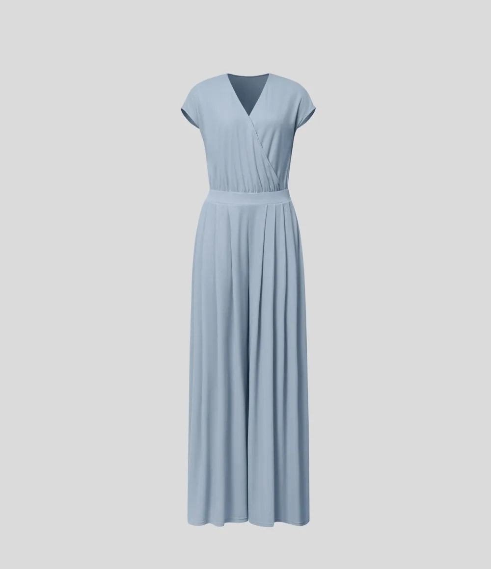 V Neck Short Sleeve Plicated Side Pocket Wide Leg Flowy Waffle Casual Jumpsuit