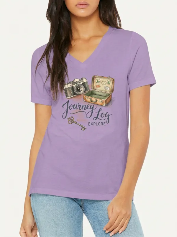 Women's Travel Lover Camera Suitcase Key Printed V-neck T-shirt